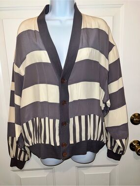 Silk Jacket with Striped Button-Front - Cream & Gray